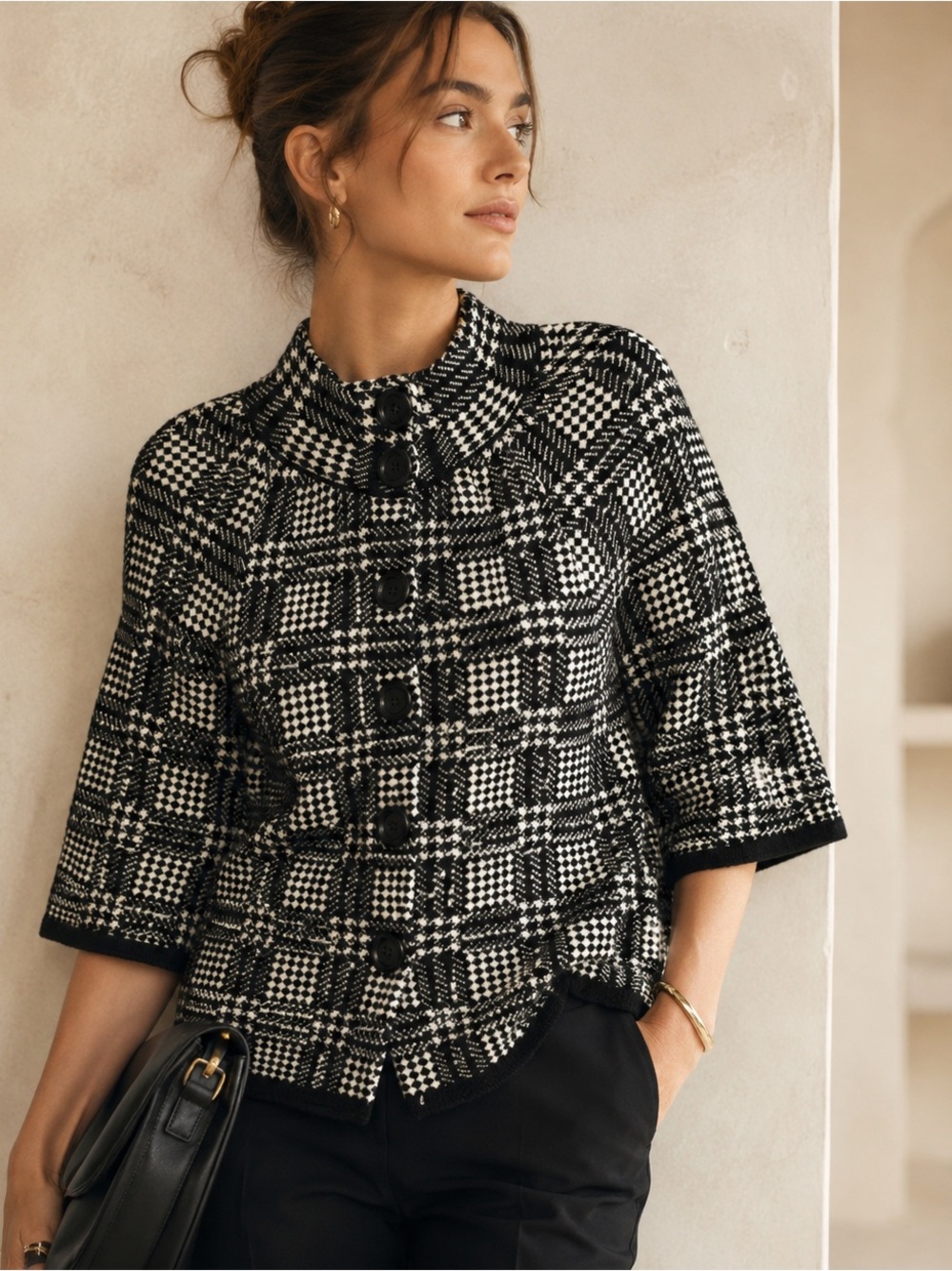 LAVENA Plaid Knit Jacket Cardigan Black White Cozy Chic